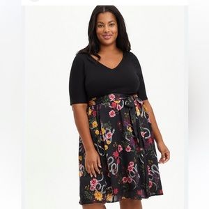 Torrid black floral knit to woven skater midi dress
